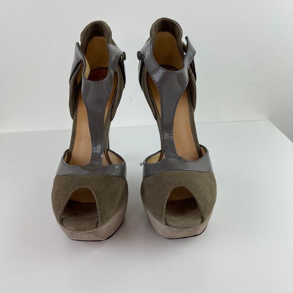 L.A.M.B Taupe Suede High Platform Stiletto Heels Ankle Strap Peep Toe Size 7.5 - Picture 4 of 10